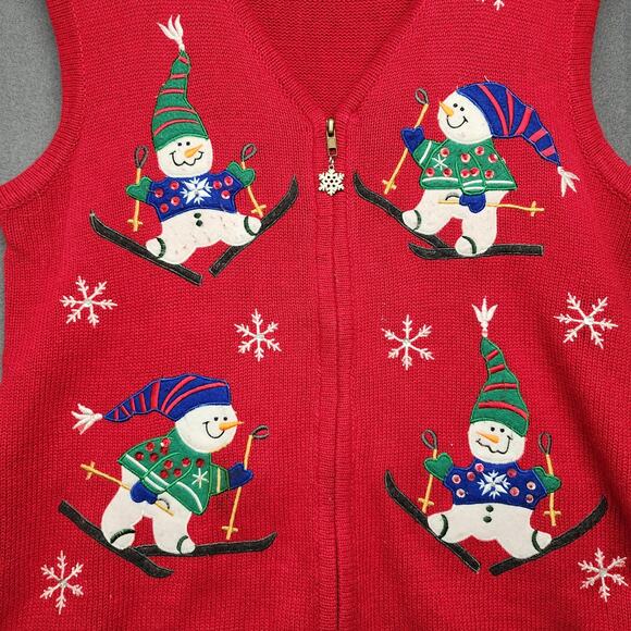 Bobbie Brooks Sweater Vest Womens Large Red Zip Ski Snowman Christmas Applique - Picture 10 of 12